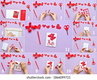 DYI Master - Class On Creating Cards For Valentine's Day. Scrapbooking With Ruling Boards And Cutting Down Bike And Hearts. Craft Tools And Supplies. Step-by-step Instructions. Do It Yourself