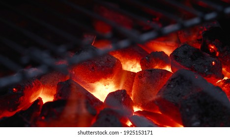 Dying And Flying Embers, Glowing Briquettes. Barbecue In The Garden, Close-up Of Embers.