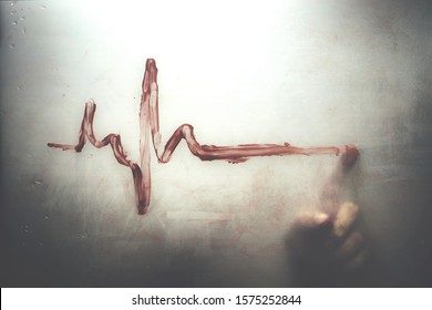 Dying Man Writing With His Blood His Last Heart Beat Symbol, Surreal Dark Concept