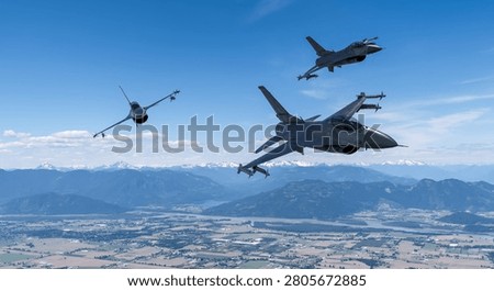 Dynamic 3D rendering of three fighter jets flying in formation over a mountain valley with clear skies; background from BC Canada, military aviation and speed concept.