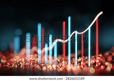A dynamic 3D visualization of a financial graph showing an upward trend, with glowing blue and red bars against a dark, bokeh-filled background.