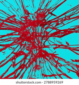 Dynamic abstract artwork featuring energetic red paint splashes on bright blue surface, textured and visually striking