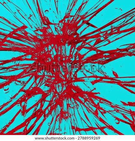 Dynamic abstract artwork featuring energetic red paint splashes on bright blue surface, textured and visually striking