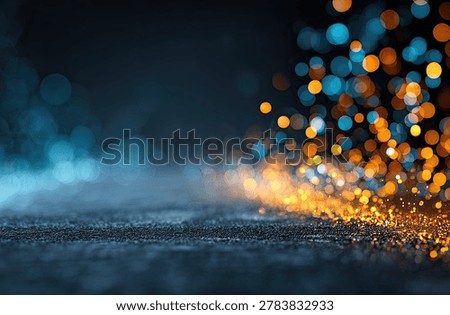Dynamic abstract background featuring glowing bokeh lights in orange and blue hues, with a smoky atmosphere and a textured ground.