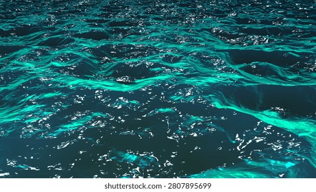 A dynamic abstract background featuring a vast expanse of deep blue-green water with shimmering turquoise ripples and waves, creating a fluid and mesmerizing texture and sense of motion.