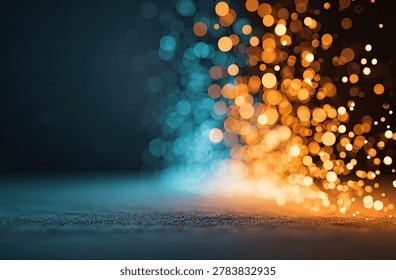 A dynamic abstract background featuring a vibrant explosion of orange and blue bokeh lights and particles, creating a sense of energy and movement.