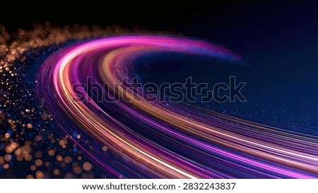 Dynamic abstract background featuring vibrant, swirling light trails in purple and orange hues, with a bokeh effect on the left.