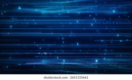 Dynamic abstract digital background showcasing blue light effects and binary code. Perfect for technology-related projects, presentations, or designs.