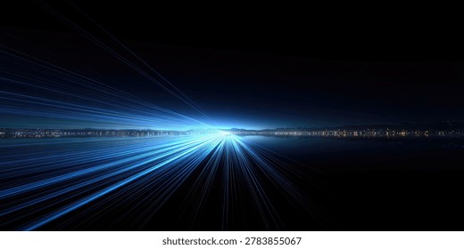 Dynamic abstract image featuring bright blue light streaks radiating from a central point, creating a sense of speed and motion against a dark background.
