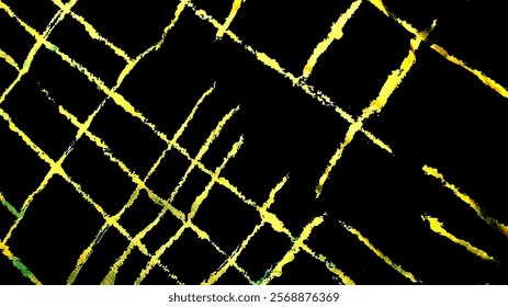 A dynamic abstract image featuring a grid-like pattern of intersecting yellow lines against a dark background. The lines have a textured, hand-painted look and create a sense of movement and energy.