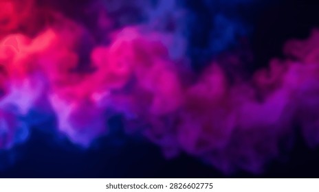 A dynamic abstract image featuring a swirling cloud of colorful smoke illuminated by vibrant neon lights, set against a deep dark background.