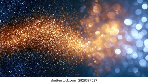 A dynamic abstract image featuring a swirling stream of golden glitter particles transitioning into soft, out-of-focus blue bokeh lights.