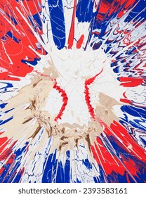 Dynamic abstract painting with explosive red, white, and blue paint splatters creating a bold and vibrant composition