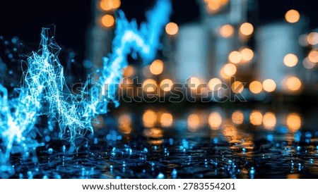 A dynamic abstract visualization of blue energy particles forming a wave-like pattern on a dark, reflective surface, with blurred warm bokeh lights in the background.