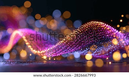 A dynamic, abstract visualization of a colorful wave formed by countless glowing particles, set against a backdrop of soft, out-of-focus bokeh lights.