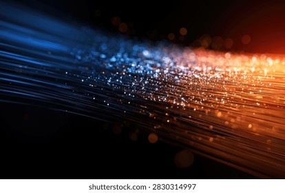 A dynamic abstract visualization of digital data streams in blue and orange hues, with sparkling particles suggesting information transfer.