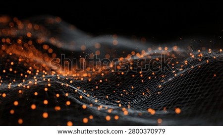 A dynamic abstract visualization of a digital network, featuring glowing orange and white orbs connected by intricate lines on a dark background.
