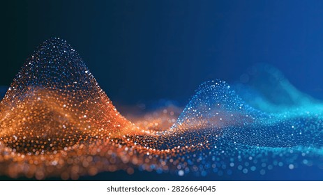 A dynamic abstract visualization featuring a flowing wave of illuminated particles, transitioning from warm orange to cool blue, against a dark background.