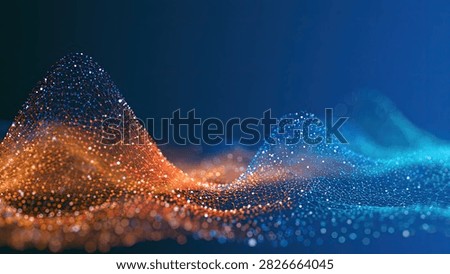 A dynamic abstract visualization featuring a flowing wave of illuminated particles, transitioning from warm orange to cool blue, against a dark background.