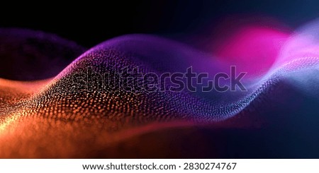 A dynamic abstract visualization featuring a flowing wave composed of tiny particles, transitioning through vibrant colors from orange and yellow to purple and pink, set against a dark background.