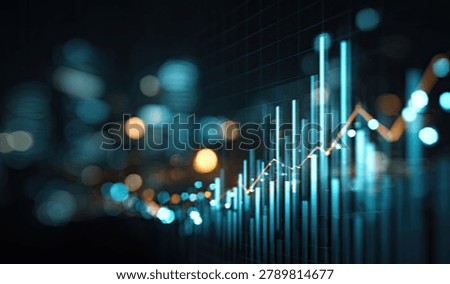 A dynamic abstract visualization of financial data, featuring glowing blue bars and a rising trend line against a dark, bokeh-lit background.