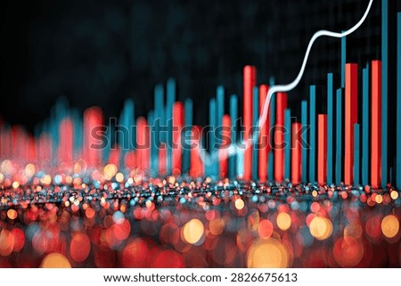 A dynamic abstract visualization of financial growth, featuring a rising line graph superimposed on a backdrop of colorful bokeh lights and vertical bars.