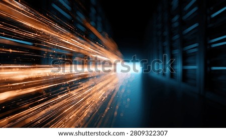 A dynamic abstract visualization of a futuristic tunnel with bright orange light streaks and a glowing blue exit, conveying speed and technology.