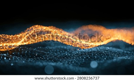 A dynamic abstract visualization of a glowing orange energy wave moving through a field of blue digital particles against a dark background.