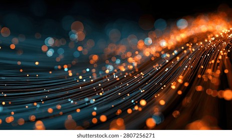A dynamic abstract visualization of light particles flowing along curved lines, suggesting data transfer or network connections.