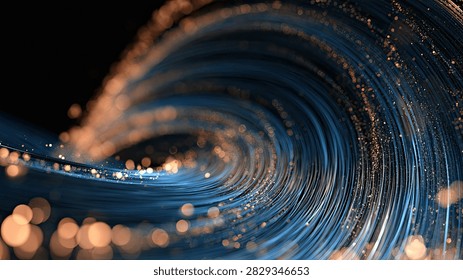 Dynamic abstract visualization of swirling blue light trails and glowing bokeh particles, creating a sense of motion and energy.