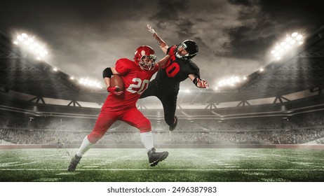 Dynamic action, Competitive men, American football players in black and red uniform competing for victory. 3D render of open air stadium. Concept of sport, tournament, competition, game event - Powered by Shutterstock