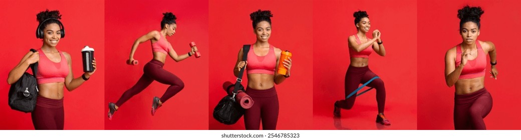 A dynamic African American woman showcases her fitness journey through diverse activities, including weight lifting, jumping, and running, all set against a bright, energetic backdrop. - Powered by Shutterstock