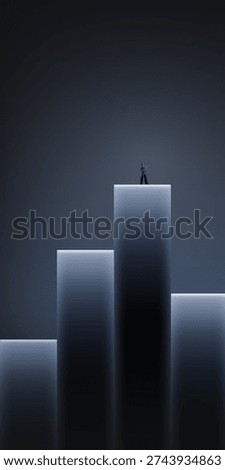 Dynamic artwork professional standing before vertical gradient gateway. Concept of startup launch momentum, brand positioning, market entry strategy and ambitious business expansion.