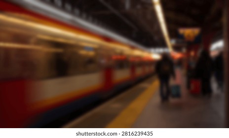 A dynamic, blurred image capturing the motion of a train arriving at a busy station platform at night, with silhouettes of people waiting.