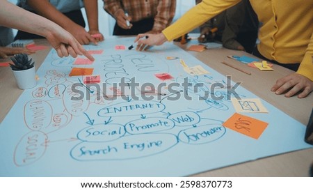 A dynamic brainstorming session featuring diverse participants engaging with notes and ideas on a large poster board, showcasing collaborative project planning and creative strategy development. SACTR