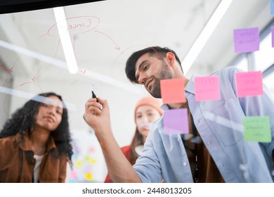 Dynamic brainstorming session with a focused team using a transparent idea board to strategize in the office. - Powered by Shutterstock