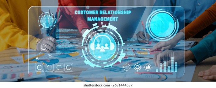 A dynamic business team engaging in collaborative customer relationship management strategy, leveraging data visualization tools and discussing innovative solutions in a modern office setting. Trope