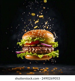 Dynamic Cheeseburger Splash in Mid-Air on a Black Background - Powered by Shutterstock