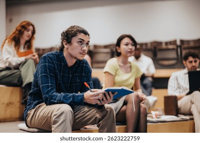 Dynamic classroom setting showcasing active learners attentively taking notes and engaging with study materials, highlighting a collaborative educational atmosphere for focus and intellectual growth.