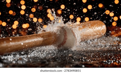 Dynamic close-up of a baseball bat hitting a baseball, creating a dramatic water splash against a background of blurred bokeh lights.