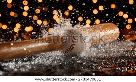 Dynamic close-up of a baseball bat hitting a baseball, creating a dramatic water splash against a background of blurred bokeh lights.