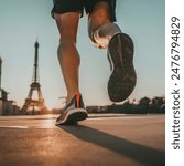 Dynamic Close-up of Male Athlete Running in Sneakers on the Streets of Paris with the Eiffel Tower in the Background