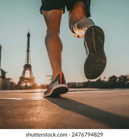 Dynamic Close-up of Male Athlete Running in Sneakers on the Streets of Paris with the Eiffel Tower in the Background - Powered by Shutterstock