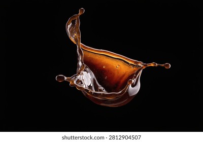 Dynamic coffee splash captured in motion. Isolated dark liquid droplet formation. Advertising beverage concept.