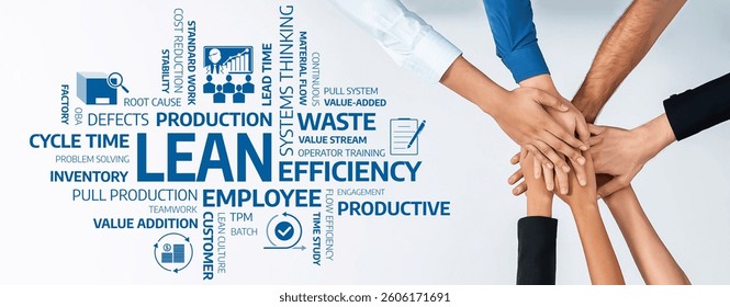 A dynamic collaboration image highlighting hands symbolizing teamwork in lean management, focused on improving efficiency, productivity, and employee engagement in business processes. Amity