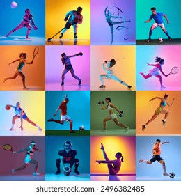 Dynamic collage of athletes in action across various sports training in neon light against vibrant colorful background. Concept of sport, competition, match, team, games, action. Ad - Powered by Shutterstock