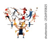 Dynamic collage of athletes in action from various sports. Image highlights strength, agility, and precision on white background. Concept of different kinds of sports, championship, league. Ad