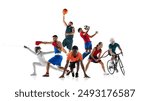 Dynamic collage. Athletes in various sports fencing, boxing, basketball, soccer, track, tennis, and cycling against white studio background. Concept of team and individual kinds of sport, finish. Ad