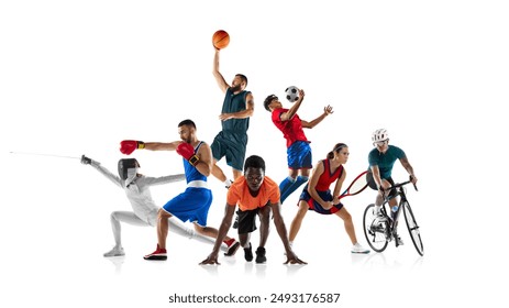 Dynamic collage. Athletes in various sports fencing, boxing, basketball, soccer, track, tennis, and cycling against white studio background. Concept of team and individual kinds of sport, finish. Ad