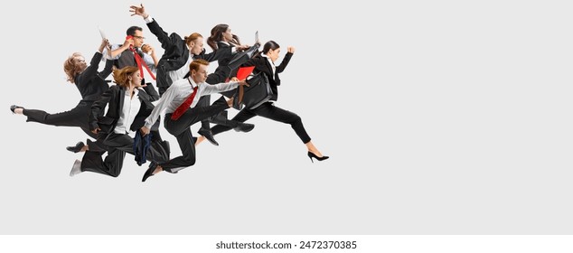 Dynamic collage. Group of office workers wearing formal attire holding office items and running, hurry up at work in motion against white background. Business, start-up, working open-space concept. Ad - Powered by Shutterstock